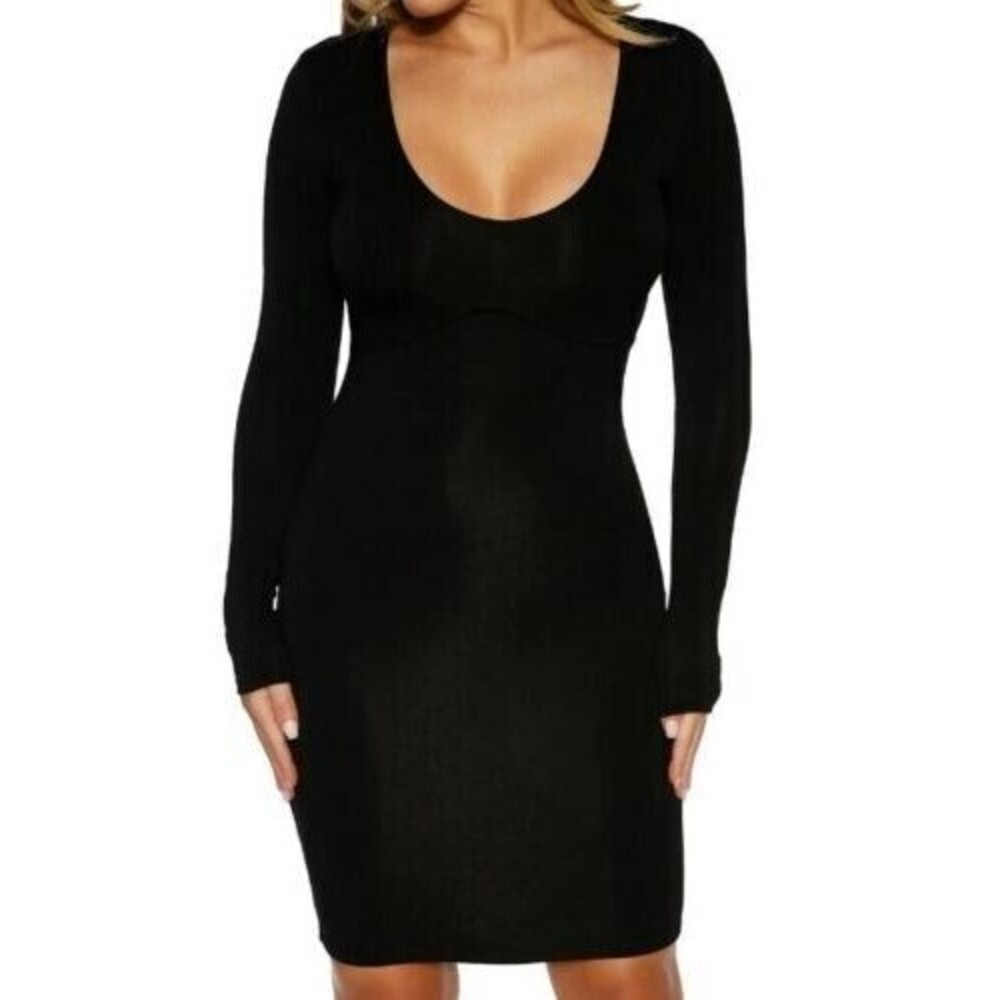 Naked Wardrobe Empire Seam Long Sleeve Dress XL Black V-Neck Ruched Bodycon B55